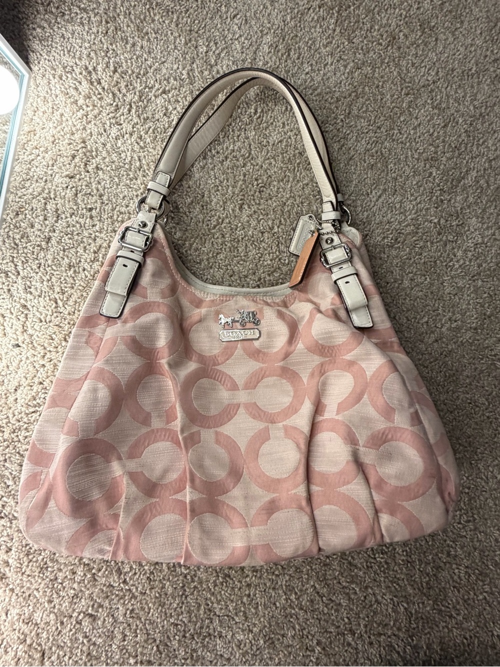 Coach Pink Signature Shoulder Bag with Cream Leather Straps
